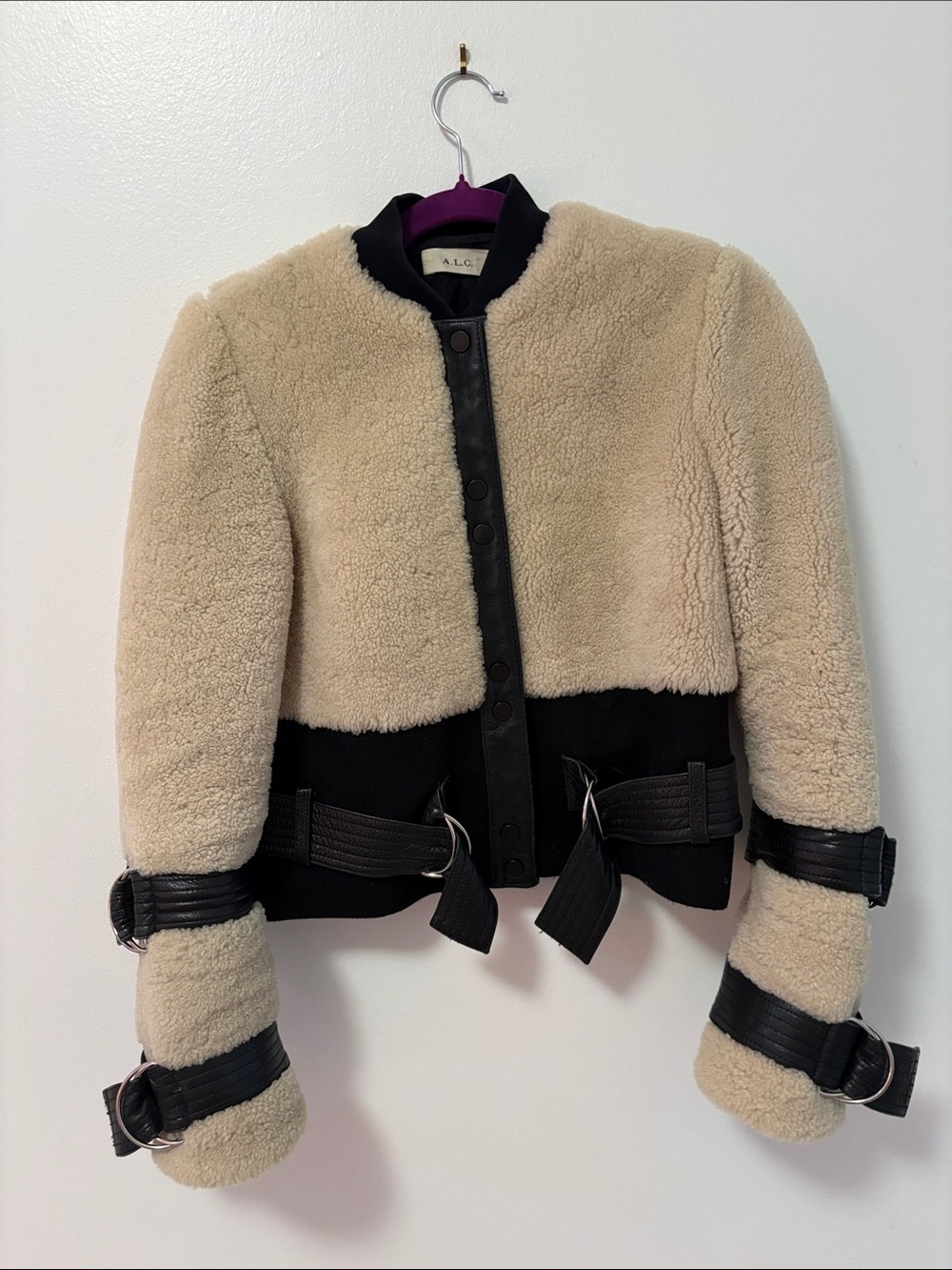 A.L.C. Women's Beige Shearling Bomber Jacket with Black Trim